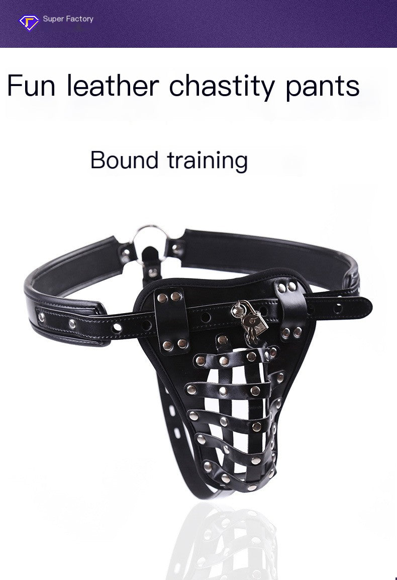Leather Men's Chastity Belt with Cock Cage.