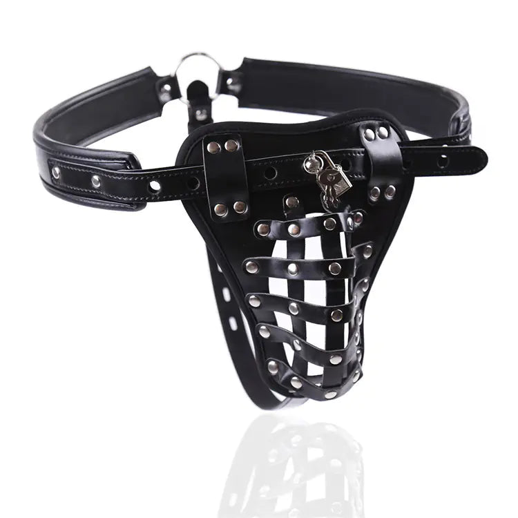 Leather Men's Chastity Belt with Cock Cage.